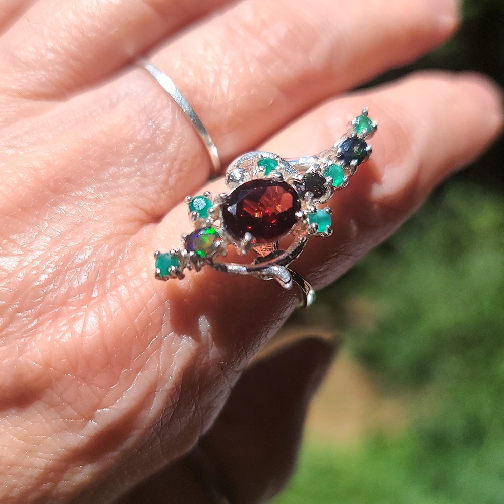 Garnets Opals Onyx OH MY! Matching sterling Ring sz7.5 - Picture 3 of 6